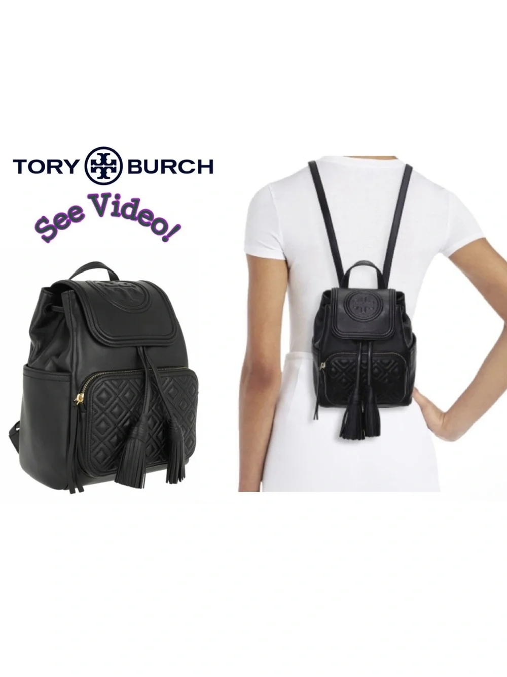 🌟 RARE! Tory Burch Mini Fleming Backpack Quilted in Soft Black Leather